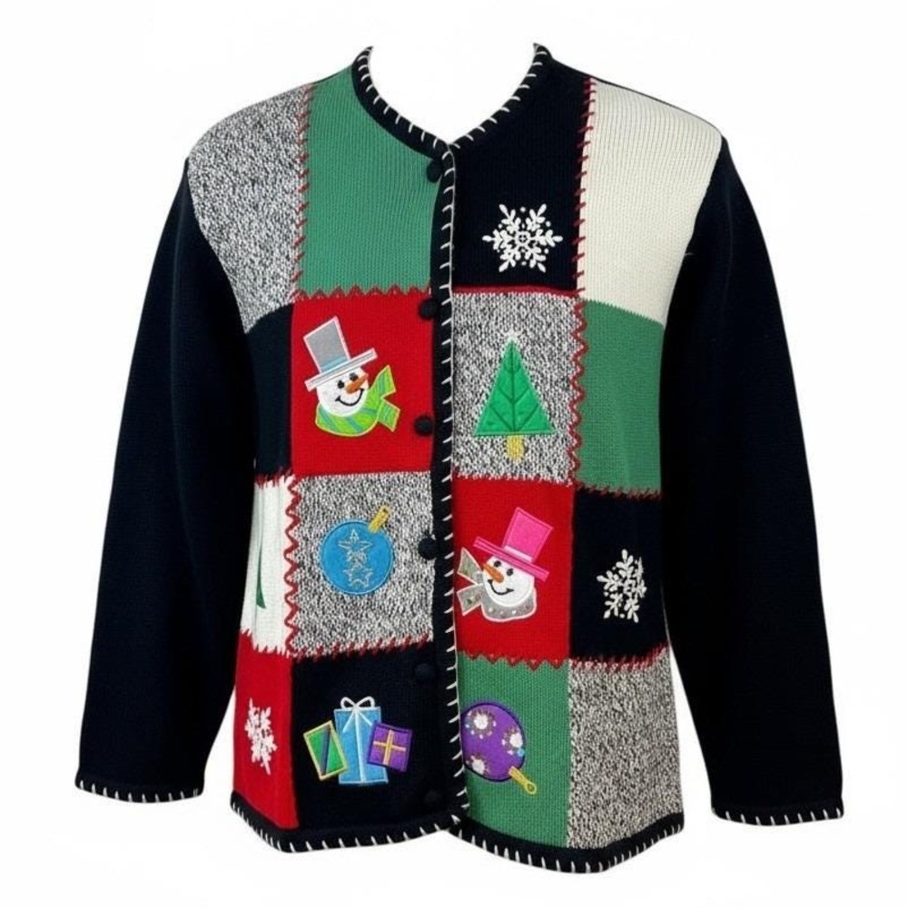 Crystal Kobe‎ XL Christmas Patchwork Cardigan Sweater Snowman Holiday Black